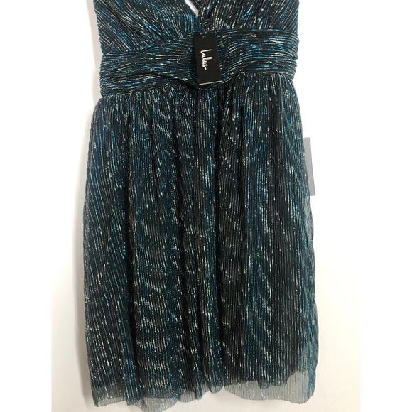 Lulu's Ailey Dress Metallic Sleeveless V-Neck Skater Mini Gold Teal NWT Small - Picture 8 of 13